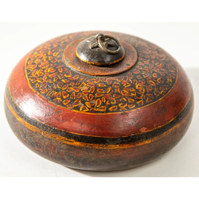 Vintage Asian Red and Black Painted Wooden Round Lidded Box With Metal Ring Handle For Sale - Image 13 of 17