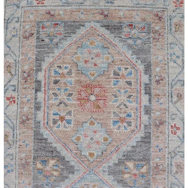 Floral Medallion Oushak Runner With Tribal Motifs and on a Gray Background For Sale - Image 9 of 13