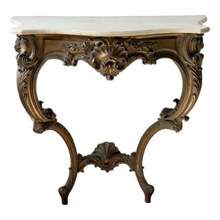 Antique Rococo Style Carved Wood Console With Marble Top For Sale