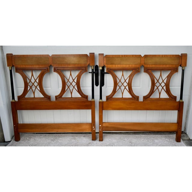Vintage Pair of Twin Size Regency Inlaid Mahogany Headboards W/Brass Fittings For Sale - Image 12 of 13