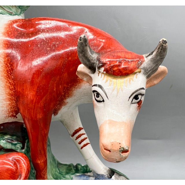 Large 19th Century Staffordshire English Cow and Calf Spill Vases, Pair – English Country / Victorian For Sale - Image 16 of 18