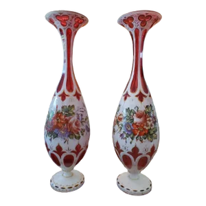 Pair of Antique Bohemian Glass Moser Vases Ruby Overlay