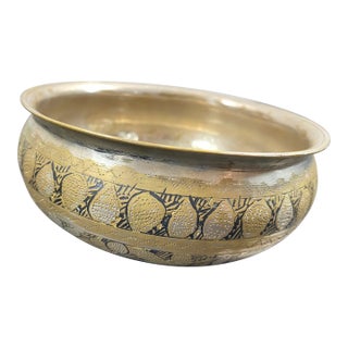 Antique Brass Bowl, Handmade Engraved Vessel, Circa 1800, Floral Pattern Dish, Handcrafted Kitchenware Curry, Footed Sugar and Candy Plate. For Sale