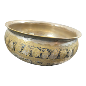 Antique Brass Bowl, Handmade Engraved Vessel, Circa 1800, Floral Pattern Dish, Handcrafted Kitchenware Curry, Footed Sugar and Candy Plate.