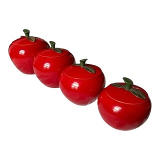 Vintage Mid Century Red Apple Enameled Aluminum 4 Piece Canister Set For Sale