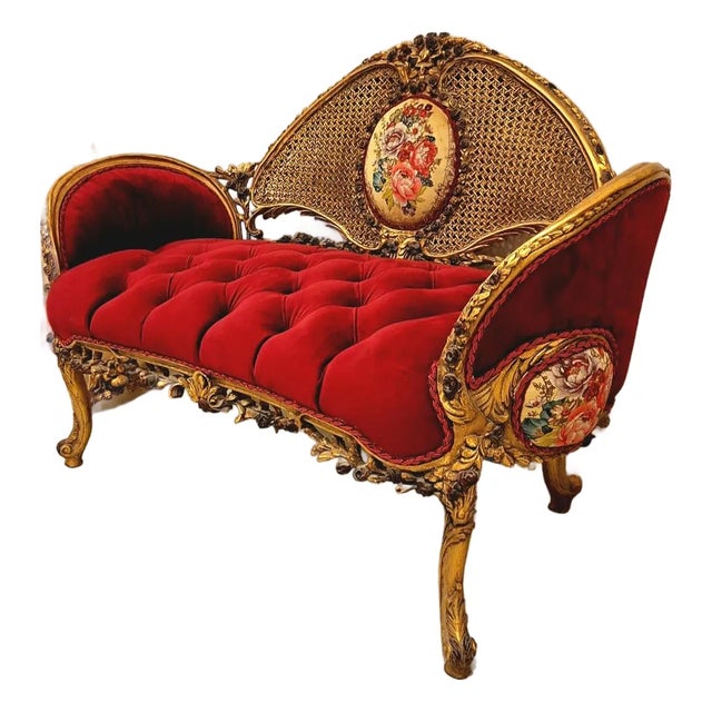 French Rococo Style Sofa – Red Velvet Tufted Upholstery, Gold Leaf Frame & Floral Medallion For Sale