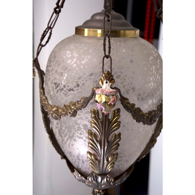 Italian Brass, Etched Glass and Capodimonte Flowers Lantern, 1950s For Sale - Image 9 of 14
