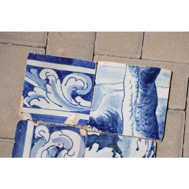 Antique Set of 6 Baroque Portuguese Tiles, 18th Century Blue & White Scrollwork and Ornamental Motifs For Sale - Image 4 of 10