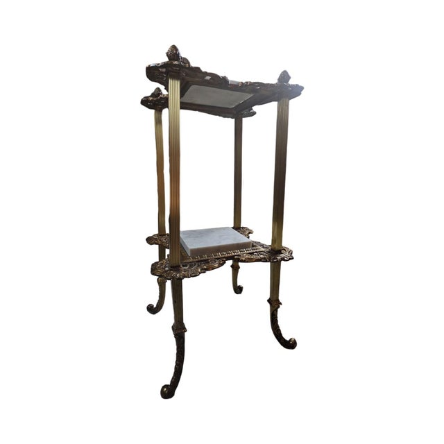 Vintage Hollywood Regency 2-Tier Brass & Marble Stand For Sale - Image 4 of 12