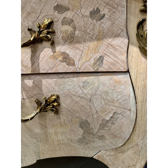Antique French Louis XV Style Bleached Serpentine 2 Drawer Commode With Marble Top and Ornate Brass Accents - Circa 1900 For Sale - Image 4 of 12