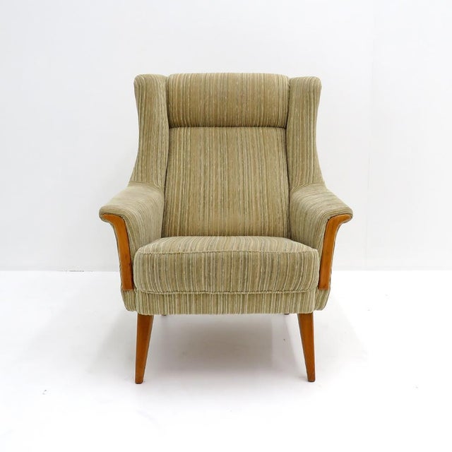 wonderful wingback chairs, Denmark, 1950, upholstered with multicolor striped fabric in the beige range with beech legs...