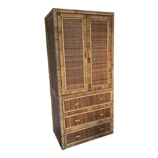 Vintage Coastal Woven Rattan Armoire For Sale