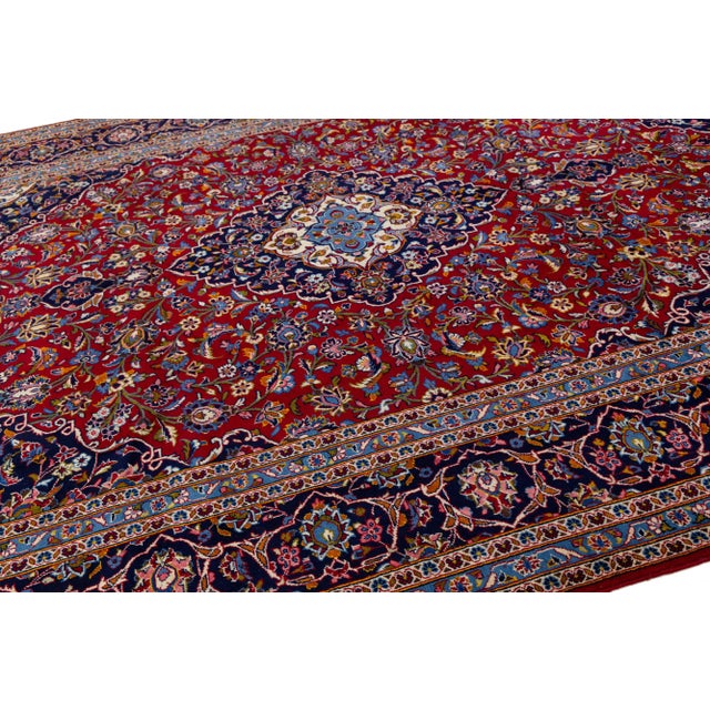 Textile Rosette Designed Persian Kashan Wool Rug in Red From the 1950s For Sale - Image 7 of 9