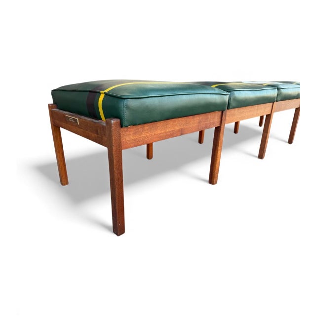 Wood Vintage Mid-Century Modern Walnut and Green Leatherette Bench in British Racing Motif For Sale - Image 7 of 9