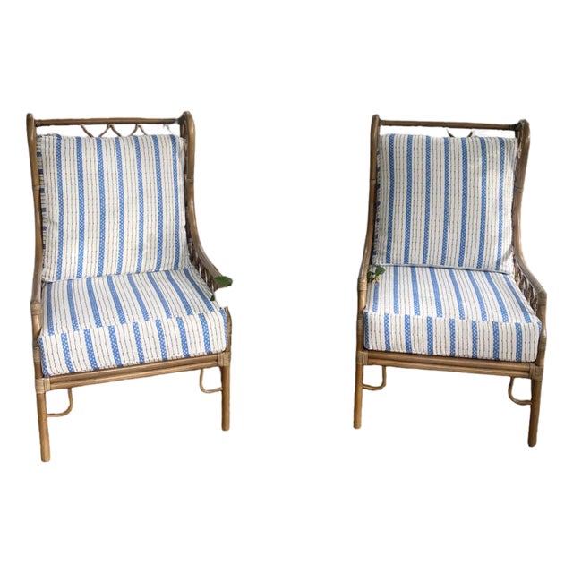 Dana Gibson Selamat Wicker Chairs in Nutmeg With Custom Upholstery, a Pair For Sale