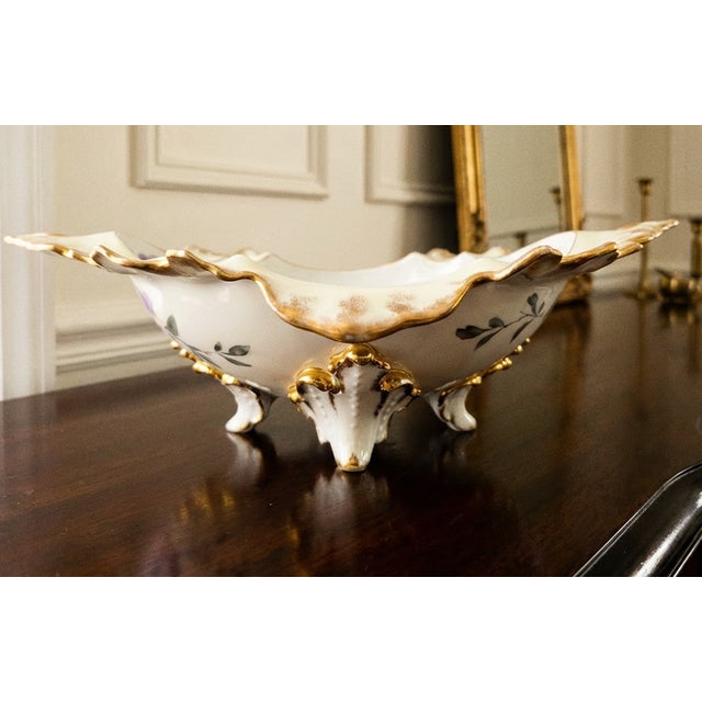 Antique White Vintage Hand-Painted Hollywood Regency Porcelain Centerpiece Bowl With Gilt Trim & Floral Motif For Sale - Image 8 of 13