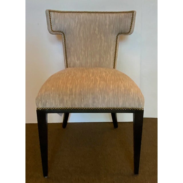 Original Retail $11,200, stylish Caracole Couture Modern Gray Velvet Uptown Dining Chairs Set of 4, black wood base,...