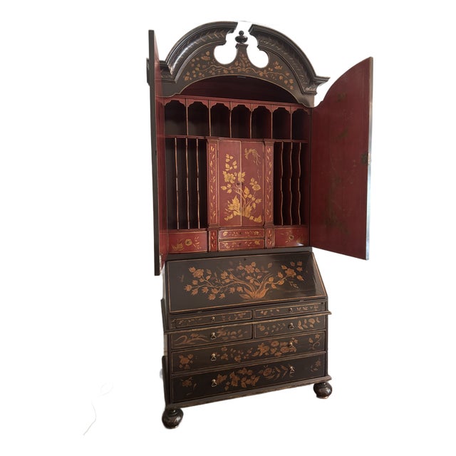 George I Style Black & Gold Chinoiserie Secretary Desk With Red Interior For Sale