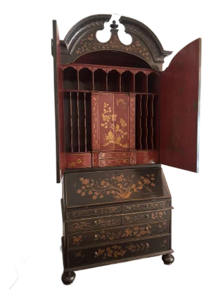 George I Style Black & Gold Chinoiserie Secretary Desk With Red Interior