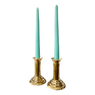 Brass Post Modern Neoclassical Cylindrical Candle Holders, a Pair (After Michael Graves) For Sale