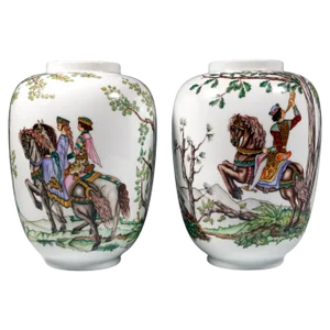 Large Lampion Vases with Falcon Hunt Decor from Augarten, Vienna, Austria, 1950s, Set of 2