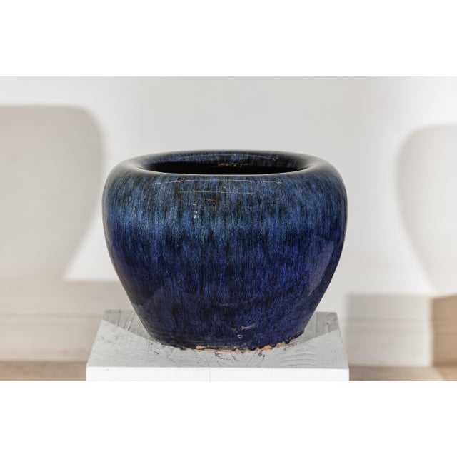 Ceramic Vintage Chinese Blue-Glazed Ceramic Planter with Rounded Form and Brown Accents For Sale - Image 7 of 18