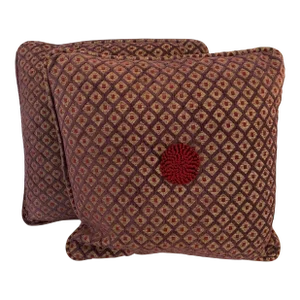 Vintage Diamond Cut Chenille Pillows With Rosette, a Pair