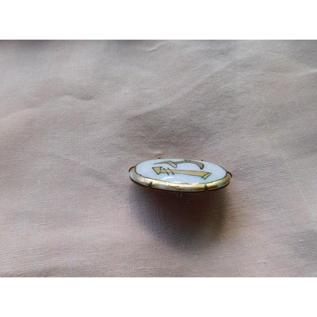 Antique Art Deco Hand-Painted Porcelain 'B' Gold Leaf Oval Brooch Pin, C. 1920's For Sale - Image 10 of 11