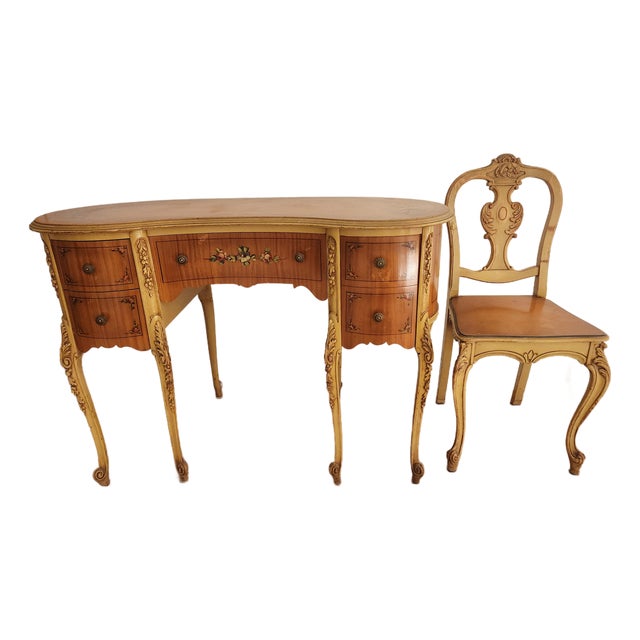 Vintage French Louis XV–Style Kidney-Shaped Desk / Vanity With Chair For Sale