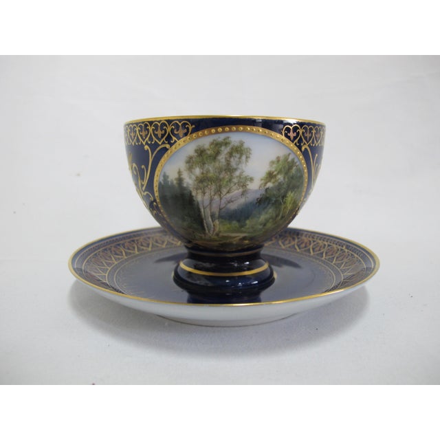 Victorian 19th Century Carl Knoll Karlsbad Gilt Hand Painted Landscape Porcelain Coffee Cup & Saucer For Sale - Image 3 of 10