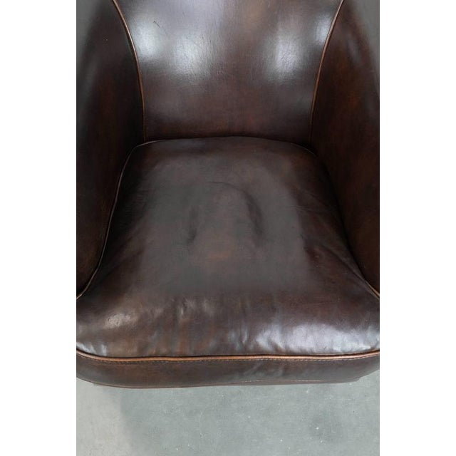 Stylish and Characterful Dark Brown Vintage Club Armchair in English Style Made of Sheepskin with Matching Piping For Sale - Image 6 of 16