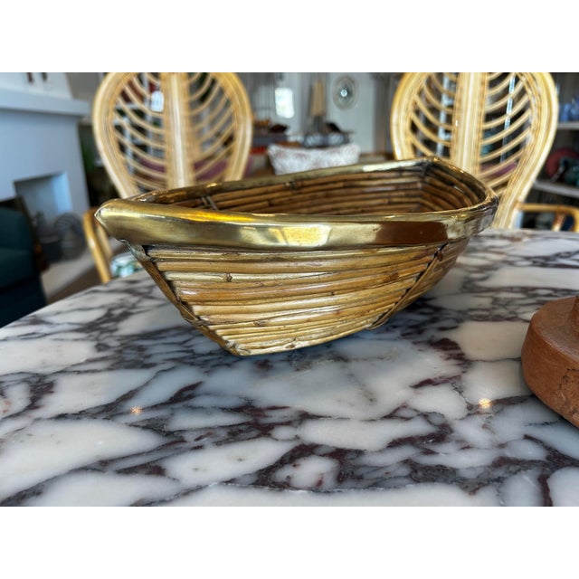 Hollywood Regency Italian Pencil Reed Rattan & Brass Boat Basket For Sale - Image 3 of 4