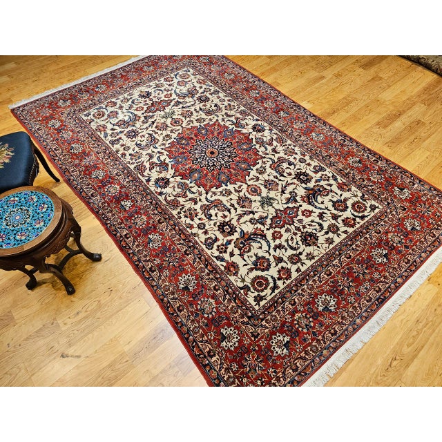 Vintage Persian Isfahan Rug, Hand-Knotted Wool, Floral Pattern, Ivory & Red, 7x11 For Sale - Image 9 of 18