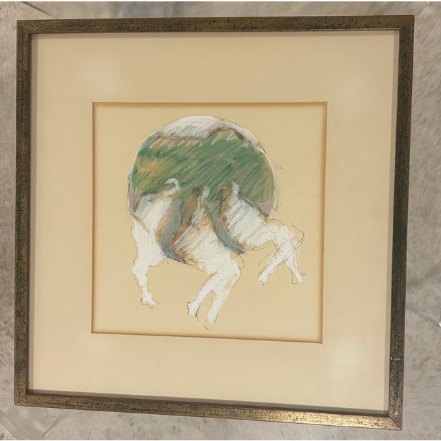 Expressive vintage modernist mixed media artwork on paper featuring three loosely rendered figures beneath a large rounded...