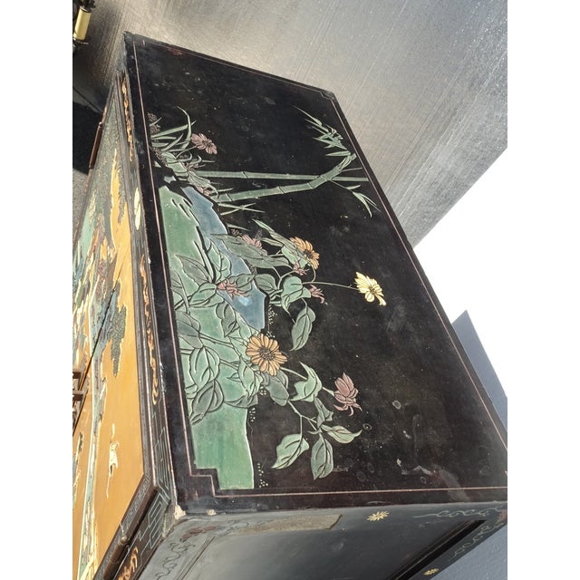 Vintage Oriental Asian Black Lacquer Cabinet Chinoiserie Side Table Signed Asis For Sale - Image 11 of 17