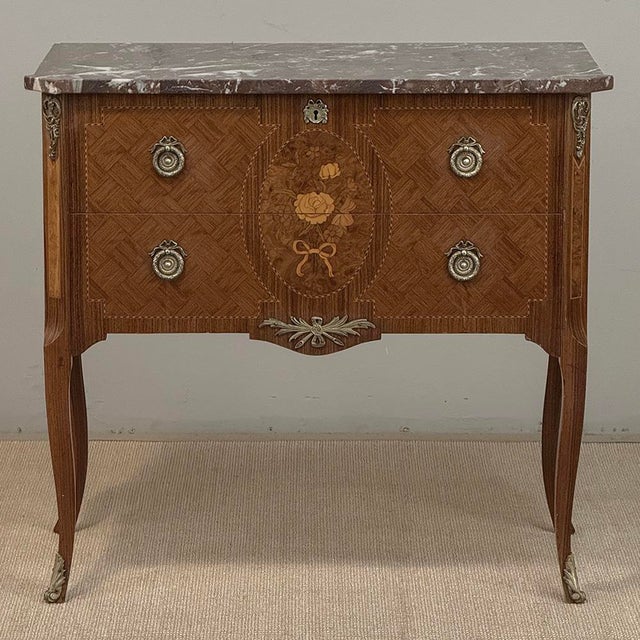 Antique French Louis XVI Style Marquetry Marble Top Commode For Sale In Dallas - Image 6 of 18