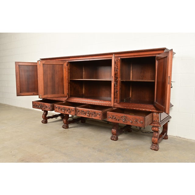 Antique Spanish Renaissance Revival Monumental Ornate Carved Walnut Sideboard or Bar Cabinet For Sale In South Bend - Image 6 of 15