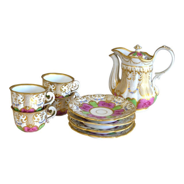 Vintage Hand Painted Gilt Porcelain Tea Set - 9 Pieces For Sale