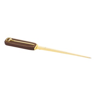 Gucci Brown Leather Desk Letter Opener with Gilded Equestrian Motif, circa 1970 For Sale