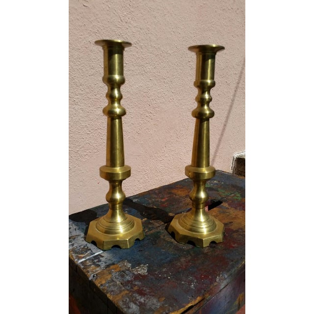 Great pair of vintage brass candle holders. Gorgeous and weighty, they make a perfect addition to any tabletop. 4 inches...