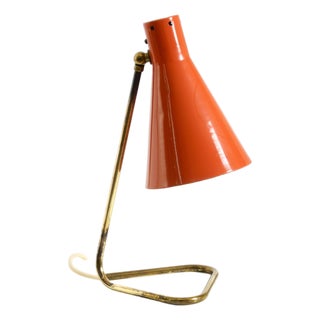 Large Mid-Century Modern Brass Table Lamp with Brick-Red Shade, 1950s For Sale