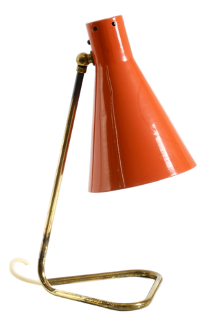 Large Mid-Century Modern Brass Table Lamp with Brick-Red Shade, 1950s