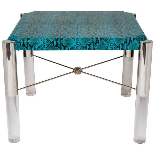 Get your game on with this stunning Hollywood Regency game table in vibrant turquoise leather with embossed python...