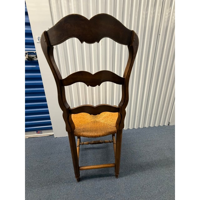 Brown Vintage Carved Ladder‑Back Rush Seat Chairs – Set of 6 For Sale - Image 8 of 12