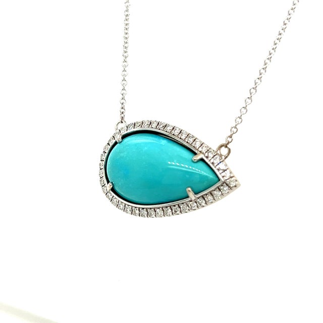 Persian Turquoise Diamond Halo Pendant With Chain 14k WG Certified For Sale - Image 4 of 8