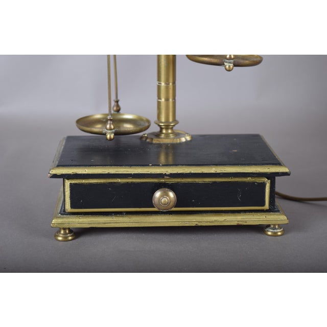 Metal Brass Balance Scale Table Lamp with Drawer Base and Pleated Shade, 1950s For Sale - Image 7 of 14