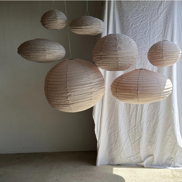 Large Round Pink Japanese-Style Rattan and Natural Linen Pendant Light For Sale - Image 9 of 18