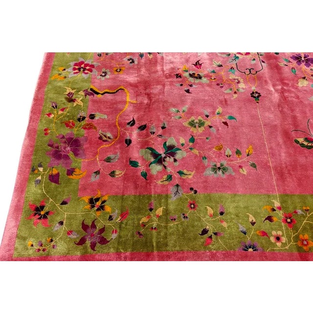 1920s Raspberry Pink Field Antique Floral Vase Chinese Art Deco Rug 8' 9" X 11' 4" Knotted Wool Carpet For Sale In New York - Image 6 of 10