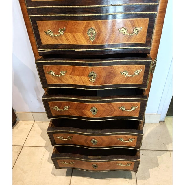 Beautiful Napoleon III rosewood writing desk Trompe l'oeil front in the style of a seven-day chest One drop-leaf flap in...