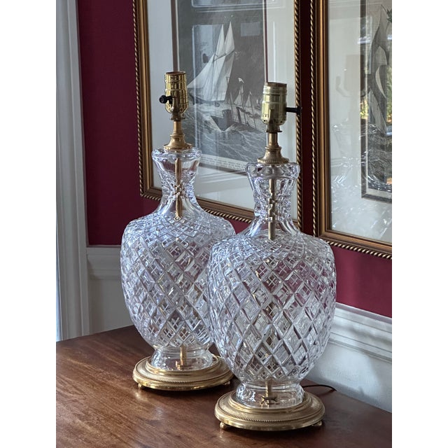 Elegant French Finely Cut Crystal Table Lamps With Fancy Brass Bases - a Pair For Sale - Image 11 of 11